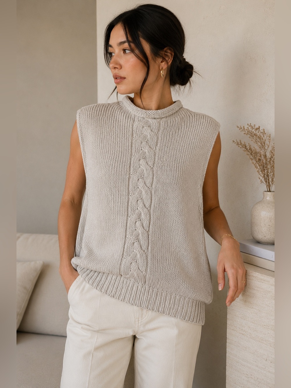 Mossimo Oatmeal Cable Knit Sweater Vest Mock Neck Quiet Luxury XL